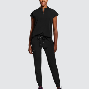 Uniformes Médicos de Marca Privada, Blusa Negra para Mujer con Cierre en el Cuello y Mangas Cortas, Uniformes de Hospital, Traje Médico Cómodo - Product Image 1