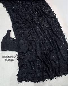 Sari long en satin noir perlé, brodé de sequins et de paillettes, imprimé, doux et infroissable, pour femmes, idéal pour les mariages indiens et les fêtes. - Product Image 3