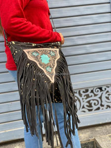 2025 gros nouveauté en cuir repoussé à la main femmes sac à bandoulière cheveux sur peau de vache métallique frange en cuir véritable sac à bandoulière - Product Image 4