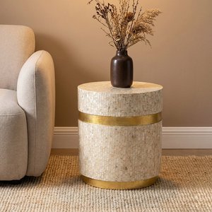 Round Mosaic Mother of Pearl Side Table With Gold Band Contemporary Bedside Decorative Wardrobes End Table For Living Room - Product Image 6