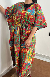 Vestido Kaftán Largo de Algodón Estampado para Mujer con Patrones Étnicos Vibrantes, Comodidad Ligera y un Atractivo de Moda sin Esfuerzo - Product Image 2