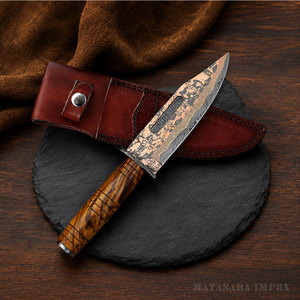 Couteau de chasse artisanal en cuivre damas avec manche en bois de burl exotique, lame fixe, couteau de survie pour le camping, OEM personnalisé - Product Image 1