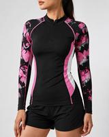 Haut de bain anti-UV à manches longues pour femme, imprimé floral noir et rose, en spandex et polyester respirant, écologique et à séchage rapide