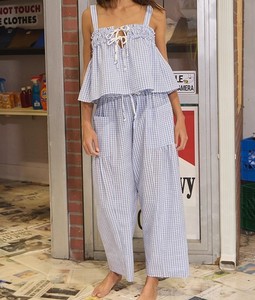 Women's Green <b>Checkered</b> Two Piece Set Spaghetti Strap <b>Top</b> High Waist Pants Self Tie Drawstring Breathable Cotton Summer Outfit - Product Image 4