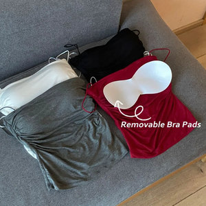 Débardeur court sans manches en satin de soie/coton écologique respirant pour femme, à fines bretelles, blanc uni, style coréen - Product Image 2