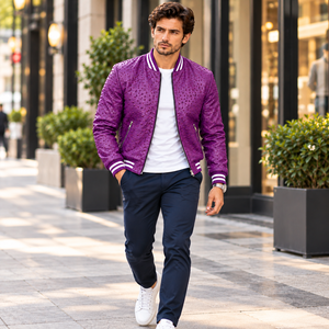 <b>Men</b>’s <b>Purple</b> Ostrich Leather Bomber Jacket Luxury Textured Zip Up Fashion Outerwear - Product Image 3