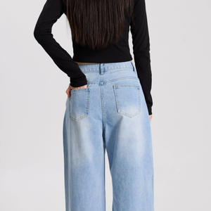 Pantalon en jean vintage pour femme, coupe large, taille haute, décontracté, bleu délavé, pour usage quotidien - Product Image 6