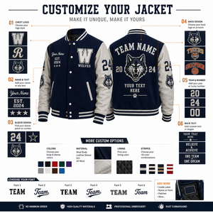 Chaqueta Universitaria Wolf, Chaqueta Letterman con Bordado de Animales, Mangas de Cuero y Lana, Chaqueta Universitaria Personalizada, Proveedor OEM - Product Image 5
