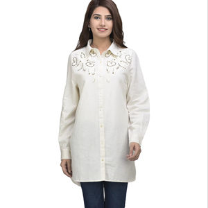 Blusa Casual Bohemia para Mujer, con Botones, Bordada y con Cuentas, 100% Algodón Orgánico, Patrón Cosido Vintage, Transpirable, para Oficina - Product Image 1