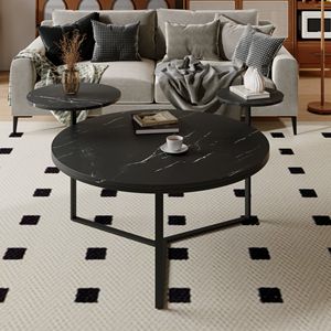 Table basse moderne en faux marbre noir avec base inspirée d'un trépied et plateau arrondi, dotée de deux étagères de présentation - Product Image 1
