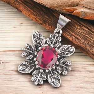 Élégant pendentif fleur multi-rouge rubis en argent sterling 925 plaqué or, cadeau de fiançailles ou pierre de naissance d'octobre - Product Image 6