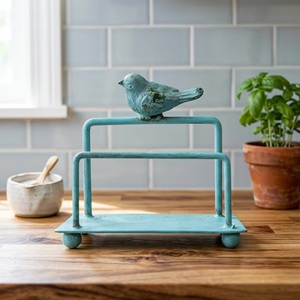 Vintage Blue Cast Iron Bird Top <b>Storage</b> Rack Rectangle Shape Handmade Metal Organizer for <b>Kitchen</b> Tabletop Mount Standing Type - Product Image 1