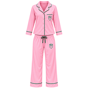 Womens <b>Pink</b> 1908 Embroidered Pajama Set with <b>Long</b> <b>Sleeve</b> Collared <b>Top</b> Adjustable Drawstring Trousers and Contrast Piping - Product Image 1