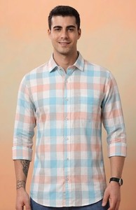 Chemise décontractée en coton à carreaux pastel pour homme, double boutonnage, manches longues, col rabattu, respirante, style été - Product Image 1