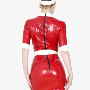 Robe moulante en cuir PU rouge, col en V, manches trois quarts, couleur contrastée, ajustée, longueur genou, tenue de soirée - Product Image 2
