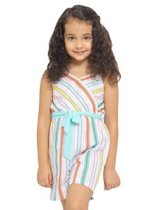 Robe rayée sans manches à col en V pour filles, avec ceinture à nouer, longueur genou, style simple, respirante, mélange polyester-coton - Product Image 1