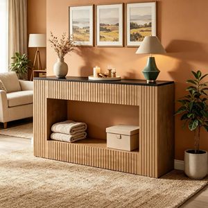 Consolle Moderna Rustica in Teak con Piano in Marmo, Tavolo Lungo Elegante per Soggiorno, Ingresso, Magazzino, Appartamento, Hotel, Stoccaggio - Product Image 5