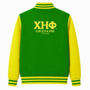 เสื้อแจ็คเก็ตวาร์ซิตี้ชมรมนักศึกษาชื่อ "ชิ เอต้า ฟี" สีเขียวและเหลือง แขนยาว ซิปด้านหน้า คอเสื้อมีแถบ ปักโลโก้ ผ้าฝ้าย - Product Image 3