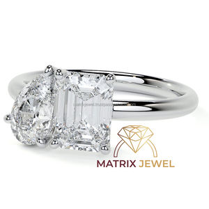 Pera y diamante de moissanita de corte esmeralda Toi et Moi perfecto para compromiso o anillo de diamante de aniversario para ella - Product Image 3