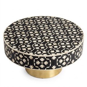 Table basse ronde en os de chameau fait main, design géométrique noir et blanc, table centrale de luxe avec base en laiton doré, vente chaude - Product Image 1