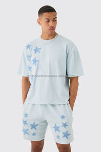 Ensemble t-shirt et short en coton 100% avec appliques surdimensionnées à lavage acide et à séchage rapide et respirant de style décontracté pour l'été - Product Image 4