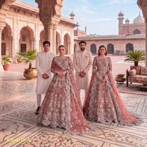 Lehenga Choli de mariée de luxe rose poudré brodé avec des sequins épais, dupatta en filet et tenue de mariage de créateur à manches longues - Product Image 6