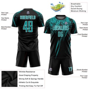 Uniforme de Fútbol Personalizado al por Mayor, Color Negro, Aqua y Blanco, Sublimado, Transpirable, para Equipo, Ropa Deportiva de Entrenamiento, Conjunto para Hombre - Product Image 2