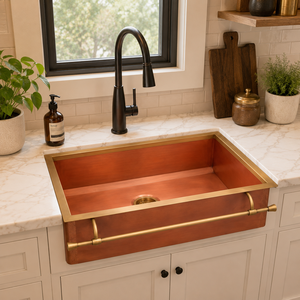 Évier de cuisine artisanal en cuivre pur, style ferme, avec rail frontal en laiton, évier simple en cuivre, lavabo de luxe - Product Image 5