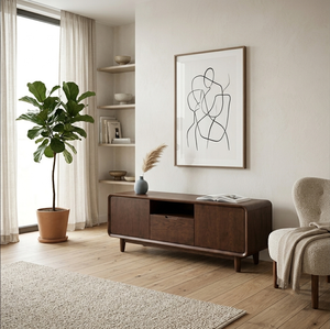 Meuble TV en chêne avec portes, tiroirs et étagères ouvertes - Design moderne du milieu du siècle, à poser au sol pour salon, compatible avec les téléviseurs de 65 pouces et plus - Product Image 6