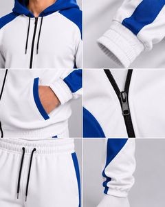 Men's White Blue Color Blocking Tracksuit Full <b>Zip</b> <b>Hooded</b> Sporty Style Regular Fit Autumn Wear With Side Pockets - Product Image 2