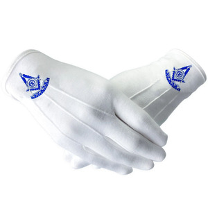 Gants maçonniques en coton blanc avec impression par transfert thermique du symbole bleu, longueur poignet, respirants, usage quotidien, printemps automne, style uni - Product Image 1