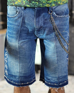 Shorts Bermuda en jean pour homme, taille mi-haute, délavé, avec rivets décoratifs, style urbain, fermeture boutonnée, 100% coton tissé - Product Image 5