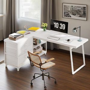 โต๊ะคอมพิวเตอร์อุตสาหกรรมรูปตัว L ขนาด 53 นิ้ว แบบพลิกกลับได้ สำหรับโฮมออฟฟิศ 3 ลิ้นชัก พร้อมชั้นวางสำหรับการเรียนและการเขียน - Product Image 5