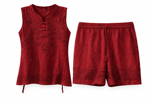 Women's <b>Viscose</b> Embroidered Collared <b>Top</b> and Short Set Manufacturer - Product Image 2