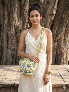 Sac bandoulière en coton matelassé à fleurs jaunes |   Sac fourre-tout demi-lune imprimé à la main de haute qualité, sac banane artisanal, chef-d'œuvre fait main - Product Image 3