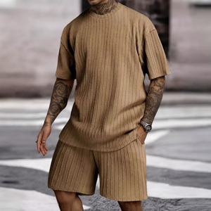 New Men's Solid Color Casual Outfit <b>Knit</b> Short Sleeve & Shorts <b>Set</b> Lightweight Beachwear Elastic Waist Summer Relaxation - Product Image 2