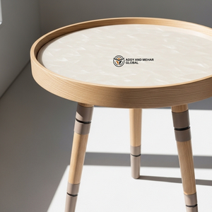 Artisan Tripod Wooden <b>Stool</b> Luxury Cream Marble-Effect Side <b>Table</b> Modern Tapered Leg Accent Furniture - Product Image 3