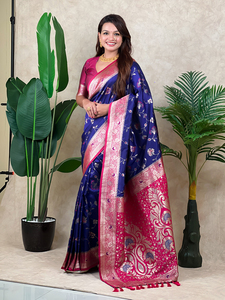 Sari de Seda Banarasi Premium con Tejido Zari, Prenda Étnica Festiva en Verde Loro, Rosa, Verde Pistacho, Morado y Violeta con Blusa sin Coser - Product Image 5