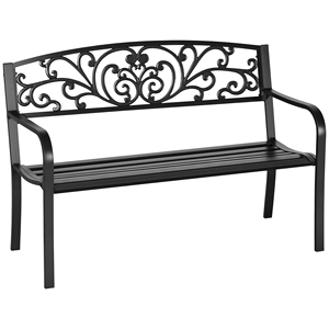 Panca da Giardino in Metallo da Esterno da 50 Pollici con Schienale a Motivo Floreale e Seduta a Doghe per Parco, Giardino, Prato, Cortile o Centro Commerciale - Nera - Product Image 1