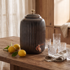 Ayurvedic Copper <b>Water</b> Dispenser 8 Liter with Tap Ribbed Antique Gloss Finish Handcrafted Copper <b>Water</b> <b>Storage</b> <b>Container</b> - Product Image 2