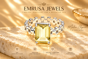 Lemon Quartz 925 Sterling Silver <b>Ring</b> – <b>Emerald</b> Cut Gemstone with Checkerboard Link <b>Band</b> - Product Image 3