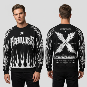 Sudadera Oversize con Estampado Reflectante Fearless para Hombre, Estilo Urbano, Diseño Luminoso Negro, Logotipo en la Espalda, Cuello Redondo, Corte Regular - Product Image 4