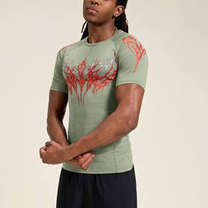 Men's Slim Fit Compression <b>T</b>-<b>Shirt</b> Short Sleeve <b>Olive</b> <b>Green</b> Red Pattern Quick Dry Sporty Design O-Neck Knitted Polyester - Product Image 1