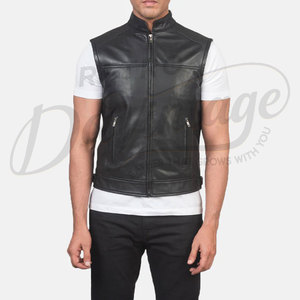 Chaleco Personalizado para Hombre, de Cuero Genuino Negro, Perforado, Corte Ajustado, Cuello Alto, Cierre de Cremallera, Sin Mangas, Transpirable - Product Image 3