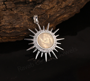 <b>Solid</b> 925 <b>Silver</b> Moonstone Gemstone Bezel Setting 10mm Round Sunburst Style Charm Pendant With Pave CZ For Unisex Find Jewelry - Product Image 4