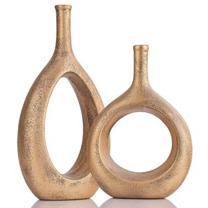 Modern Textured Gold Metal <b>Vase</b> Set Abstract Hollow-Center Decorative Urns Rustic Gold Tabletop Sculpture for Luxury Home Decor - Product Image 1