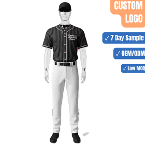 Ensemble de maillot et pantalon de baseball personnalisé à rayures fines noires et blanches, sublimé, vente en gros pour équipes - Product Image 1