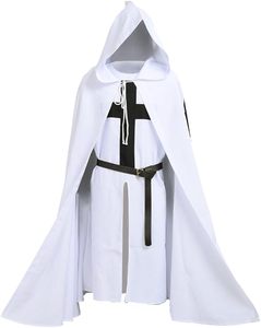 Manteau de Chevalier Médiéval avec Croix des Templiers, Costume Blanc à Capuche Unisexe en Polyester Imprimé, Tenue de Crusader Renaissance pour Fête d'Halloween - Product Image 1