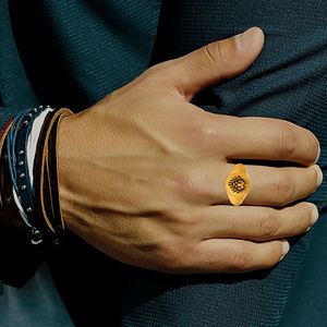 Anillo de Sello Premium con Cabeza de León Chapado en Oro, Detalles en Contraste Negro y Banda Decorativa Texturizada - Product Image 2