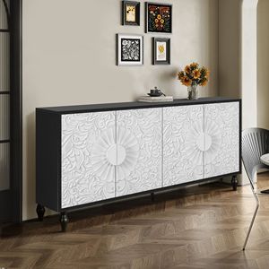 Mobile TV Vintage Bianco con Ante Grandi Sfaccettate Intagliate e Incollate, Combinato con Cornici Nere, Eleganti Credenze e Sideboard - Product Image 2